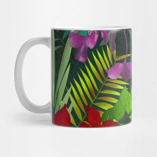 Elegant tropical flowers and leaves pattern purple illustration, dark green tropical pattern over a Mug